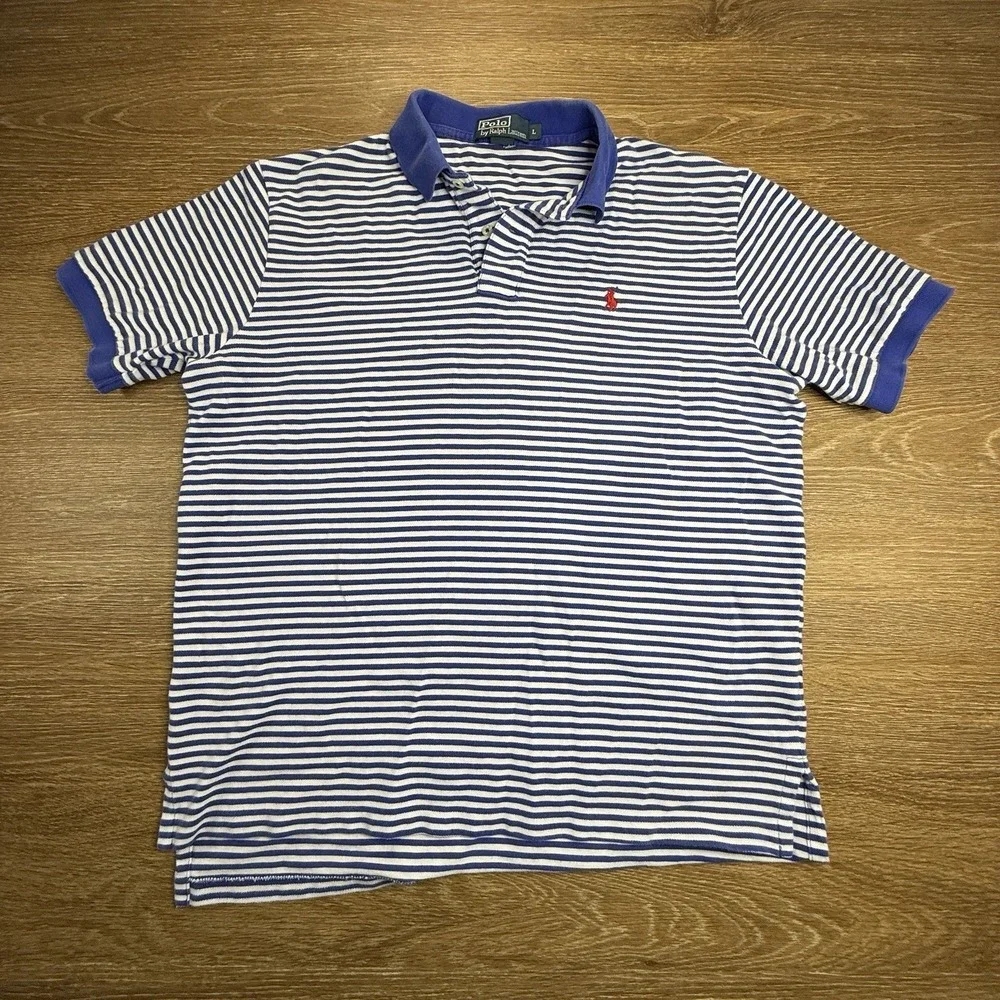 Polo Ralph Lauren Men's L Blue White Striped Polo Shirt Red Pony Cotton Preppy